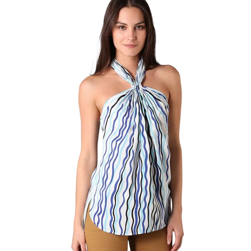 Diane von Furstenberg DVF Alyssa Silk Halter Tigris Blue White Blouse Top Size 4